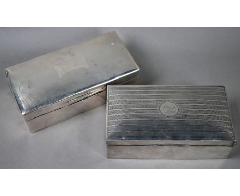 Two engine-turned silver cigarette boxes with cedar linings, Birmingham 1922/London 1929, 17/18cm wide 