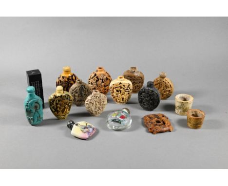 Ten Chinese carved wood and composite moulded snuff bottles (some with stoppers) to/w an inside painted glass snuff bottle an