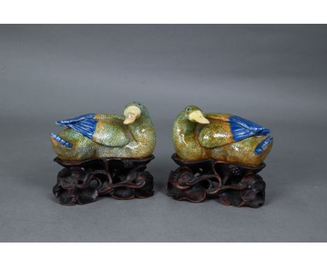 A pair of 18th century Chinese recumbent ducks, the well modelled naturalistic figures with their heads turned in opposite di