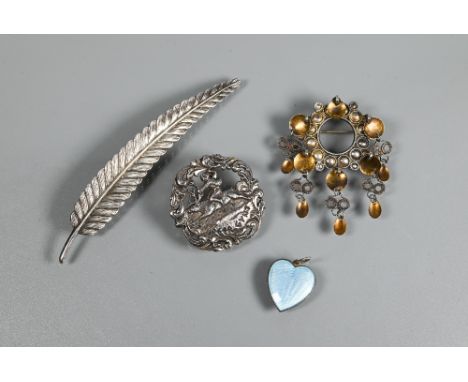 A white metal brooch in the form of a feather, 9.5 cm long, stamped silver; a Peer Gynt brooch stamped Norsk Tinn; an open br