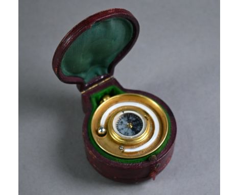 Victorian Bishop &amp; Lacey gilt brass pocket barometer/thermometer with integral compass, no 2166, silvered 48 cm case, in 