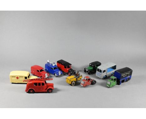 Dinky Toys: 30h Daimler Ambulance, 30V CB Electric Van 'Express Dairy', 25o Streamlined Fire Engine, 34b Royal Mail Van, 34c 