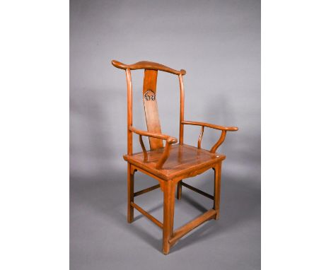An Chinese elm 'officials hat' chair, the vertical splat with ruyi head device, first half 20th century 