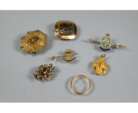 A small quantity of gold items including Victorian 9ct oval brooch with eight cut diamond to centre, 9ct and enamel badge bro