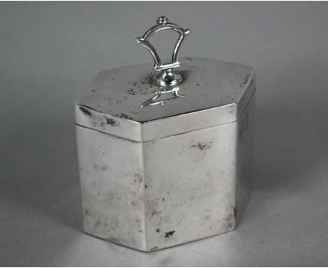 Sheraton revival tea caddy of elongated hexagonal form, with top swing loop handle and hinged cover, Chrichton Bros, London 1