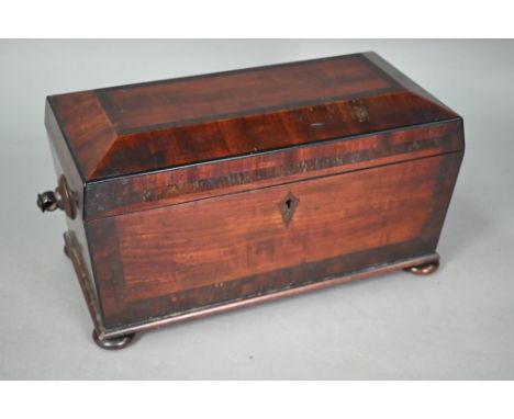 A Regency rosewood cross-banded satinwood tea caddy, of sarcophagus form, the interior with twin hinged boxes flanking a circ