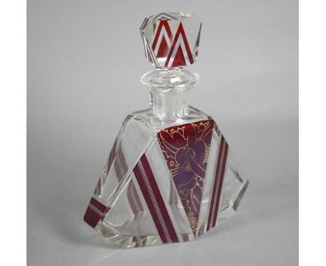Good quality Art Deco cut glass decanter/cologne bottle with stopper, of angular form with ruby glass overlays, 21 cmConditio