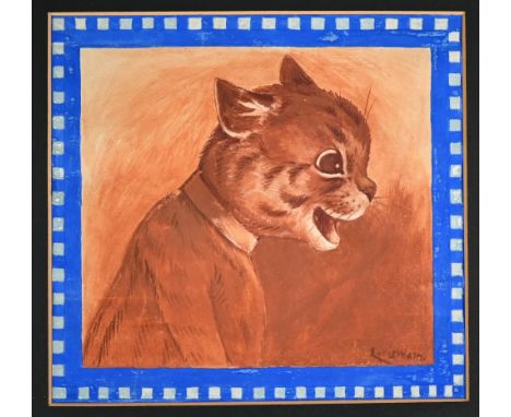 Louis Wain (1860-1939) - Caricature of a cat in white collar, within a blue/white border, watercolour, signed lower right, 18