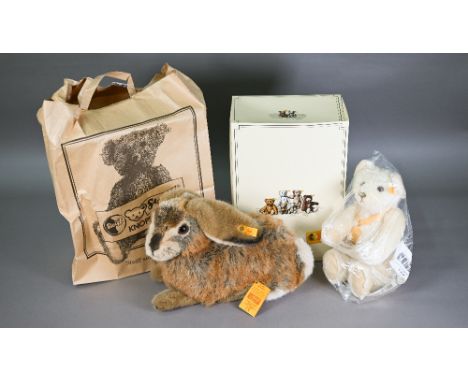 Boxed Steiff Mummel Hare 32 cm long to/w a Steiff Millennium Champagne Mohair teddy 30 cm - unboxed, but in sealed bag and St