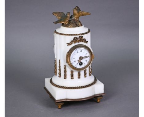 A late 19th century French gilt metal mounted white alabaster mantel clock, the 8-day single drum movement with white enamell