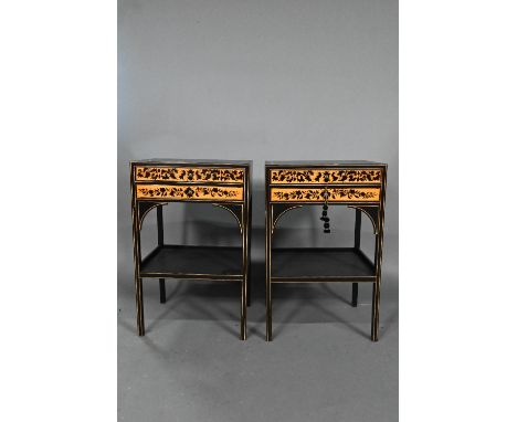 Four contemporary ebonised and gilt stencilled two drawer stands with undertiers, raised on square legs, 47 cm w x 35 cm x 75