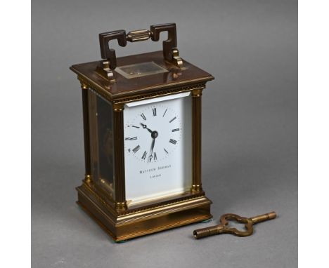 Matthew Norman, London, a Swiss made lacquered brass carriage clock, the single drum movement with white enamelled roman nume