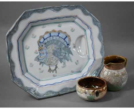 Highland Stoneware turkey plate with gravy well, painted with a turkey, 43 x 31 cm to/w an M &amp; J Mosse (Llanbrynmair) stu