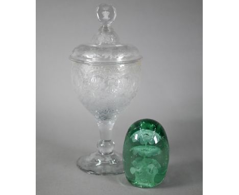 Fine quality early 19th century glass large goblet and cover, the facetted finial engraved with crest of panache of ostrich f