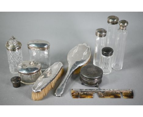 Various silver oddments, including ring-box, six cut glass toilet jars and a condiment jar with silver tops and a silver-back