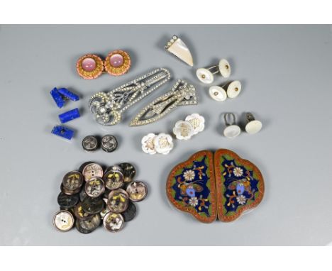 A cloisonné enamel buckle, twenty-three flower decorated buttons, dress-clips, cufflinks etc 