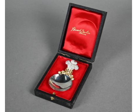 Stuart Devlin parcel gilt and enamel caddy spoon, 1982 Birth of Prince William, with Prince of Wales Feathers finial, 0.9oz, 
