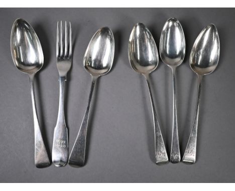 Early George III Old English pattern silver tablespoon London 1768, to/w an Irish fiddle pattern table fork Dublin 1802, Old 