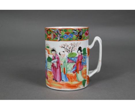 A late 19th century Chinese famille rose tankard entwinned strap handle, the exterior painted in polychrome enamels with eleg