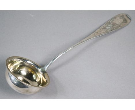 German .800 grade punch ladle with foliate-engraved stem, maker E. Mueldner, 6.6oz, 35.5cm long 