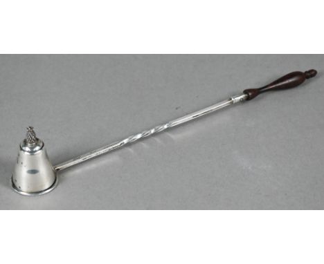 Cartier Sterling snuffer with pineapple finial and twist stem, on turned wood handle, 27cm long 