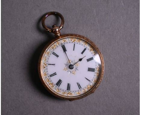 A 19th century Swiss 14k fob-watch with engraved case, keywind movement and decorative silvered and gilt enamel dial, 36mm di