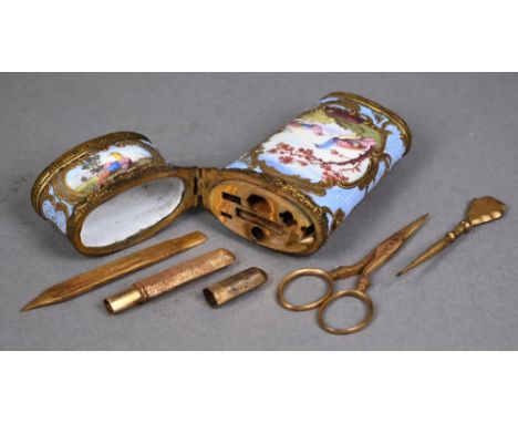A 19th century Continental enamel and gilt metal necessaire in the Rococo manner, painted with reserves of exotic birds withi