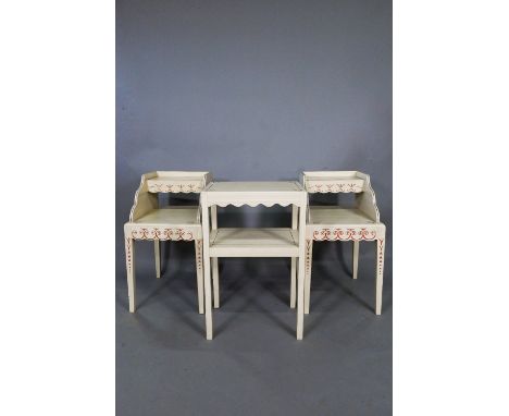 A pair of contemporary cream painted stencilled bedside stands in the Scandinavian style, 41 cm x 47 cm x 73 cm h to/with a m