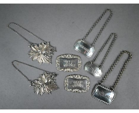 Pair of Victorian silver 'leaf'-shaped decanter labels for Port and Sherry, Francis Clark, Birmingham 1839, to/w a George III