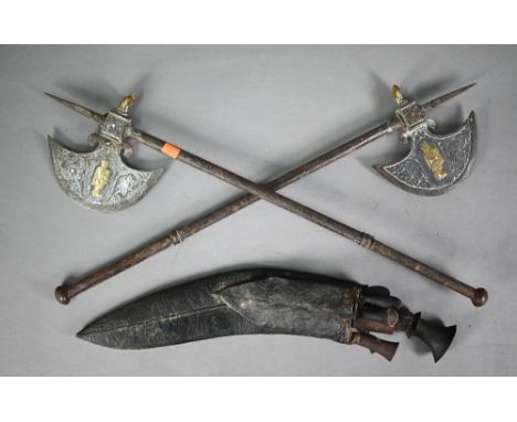 Pair of antique Indian steel axes with brass-mounted crescent blades and daggers concealed in the handles, 54 cm, to/w kukri 