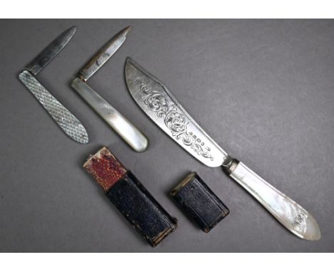 Victorian silver-bladed penknife with mother of pearl handle, Sheffield 1861, to/w an electroplated example and a butter knif