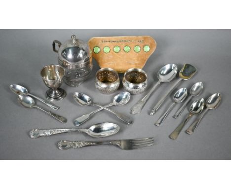 Various oddments of silver, including Georgian glass mustard with silver to, London 1809 (dammed foot), Various flatware, pai