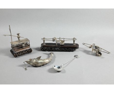 A small collection of late 19th or early 20th century Chinese export novelty silver miniatures including two filigree sedan c