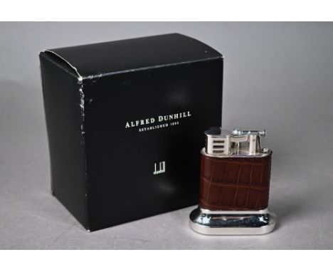 Alfred Dunhill table cigarette lighter with crocodile leather-bound electroplated body, in original case with outer card box,