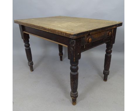 A vintage stained pine farmhouse kitchen table with end freeze drawer. 104cm x 74cm x 74cm 