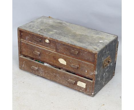 A Vintage stained pine tool chest, with 4 fitted drawers, 65cm x 35cm x 30cm, and a quantity of hand tools, to include planes