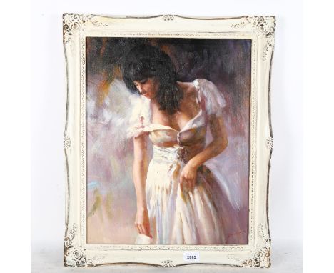 An oil on board, portrait of a young lady, 60cm x 50cm overall, framed 