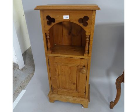 A vintage pine pot cuboard. 42cm x 95cm x 25cm, two mirrors and a pine two tier table hall table, 59cm x 78cm x 41cm (4) 