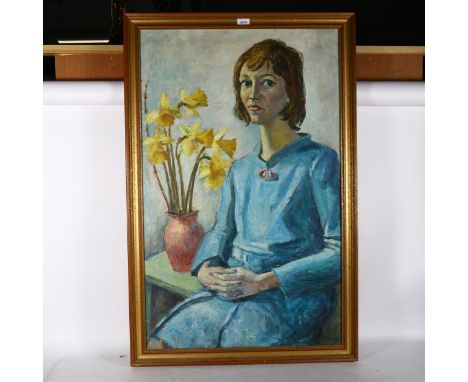 E Levy, oil on board, portrait study of a young lady by a vase of daffodils, 110cm x 73cm overall, framed 