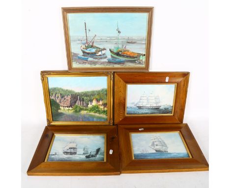 K P Hardy, oil on board, beached fishing boats at Westcliff, 4 other sailing prints, various oils etc (9) 