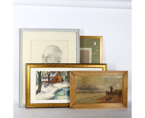 A group of pictures and pencil drawings, including John Mclellan, portrait study, and oil on canvas, windswept estuary view (
