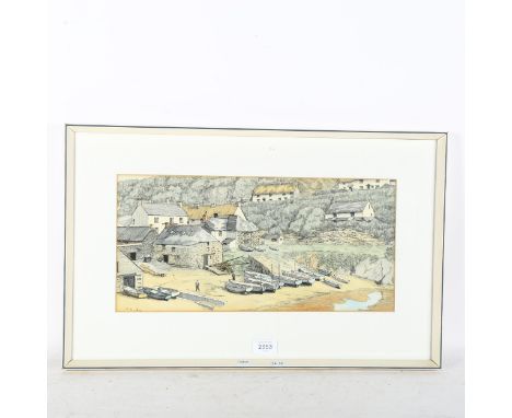 Lithograph, beached fishing boats, image 21cm x 43cm, 37cm x 59cm overall, framed 