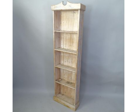 A vintage pine open bookcase with four fixed shelves. 52cm x 185cm x 18cm 