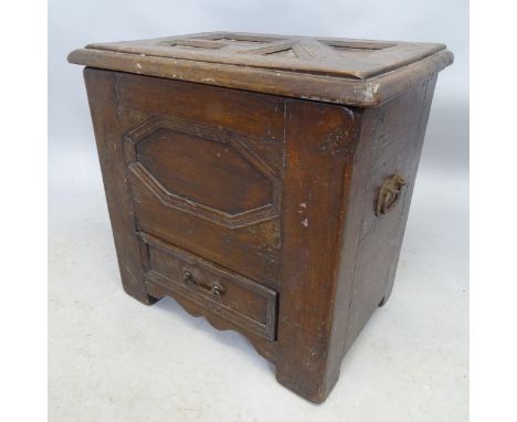 A vintage stained oak chest with lifting lid and fitted drawer. 56cm x 54cm x 39cm 