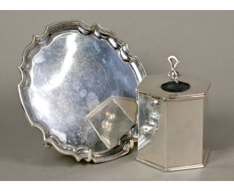 A hexagonal silver tea caddy with hinged cover, George Unite &amp; Sons Ltd., Birmingham 1919, to/w a card salver, Joseph Glo