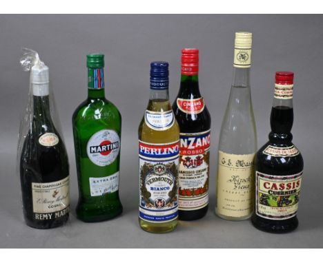 Six bottles of various spirits: Remy Martin V.S.O.P Fien Champagen Cognac, Martini Extra Dry, Creme de Cassis de Dijon, Perli