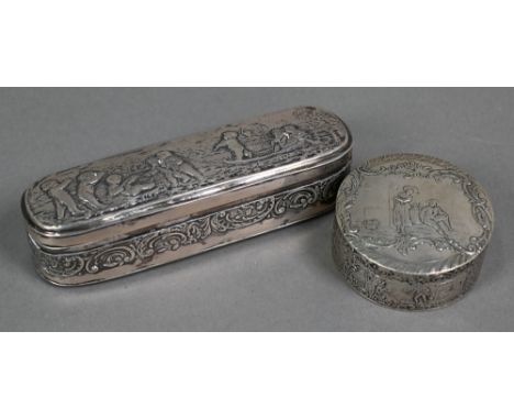 An antique Continental silver oval snuff box embossed with cherubs, putti and rococo scrolls, London import 1904, 4oz, 14.4cm