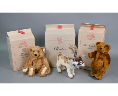 Three boxed Steiff editions - 'Rentier' (Reindeer), 23 cm, Theodore (Reddish Blond), 28 cm and 'The Artist's Bear' (Dark Brow