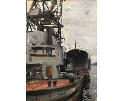 Howard Morgan (1949-2020) - Trawler/tug boats, oil on canvas, signed and dated VIII 75 lower left, 60 x 42 cm
