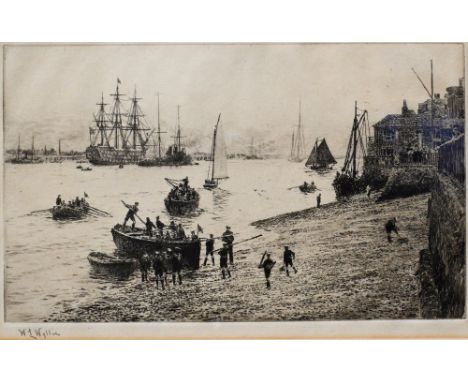 W L Wyllie (1851-1931) - Sea scouts at Old Portsmouth, drypoint etching, pencil signed to lower right margin, 15 x 25 cm
